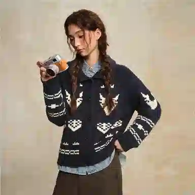 佐丹奴 撞色提花翻领开襟毛织针织衫 女款