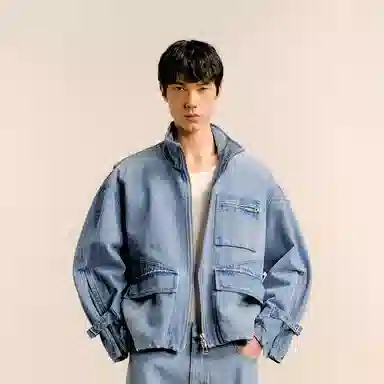 速写 复古立领宽松短款拉链工装保暖牛仔棉服 男款