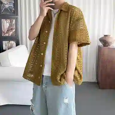 金盾 镂空棕绿翻领纯色短袖衬衫 男款