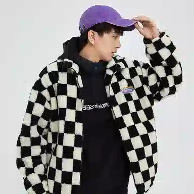 美特斯邦威 国潮撞色棋盘格加厚棉服 男款