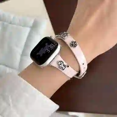 老佳 苹果适用 手表表带 牛皮材质 卡通小狗牛皮双圈表带男女通用