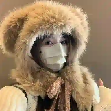 恩僾德 可爱毛绒绒小熊护耳百搭骑车加厚加绒 聚酯纤维 斗篷帽 男女同款情侣款