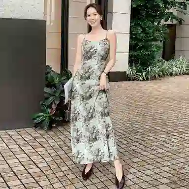 美洋 扬州慢 压褶印花复古度假通勤吊带连衣裙 女款 绿色