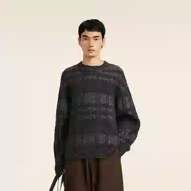 速写 羊毛提花圆领格纹复古拼接毛衫保暖毛衣 男款