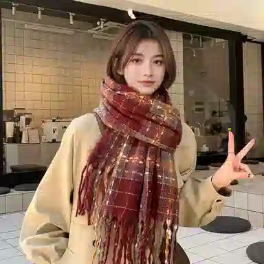 恩僾德 韩系浆果星星格纹高颜值小众保暖百搭氛围感 聚酯纤维 绒线围巾 男女同款情侣款