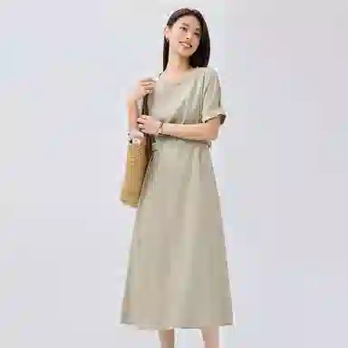 佐丹奴 收腰圆领梭织休闲短袖连衣裙 女款