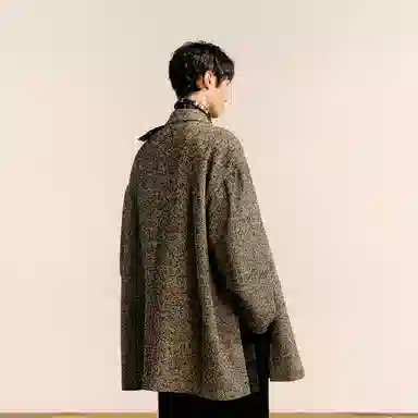 速写 毛呢戗驳领宽松长款大衣 男款 杂黑
