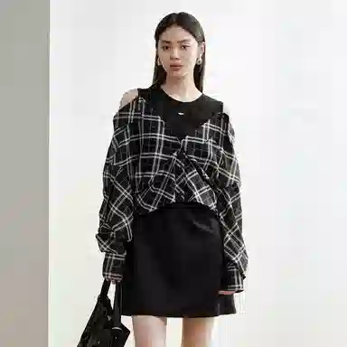 太平鸟 格纹假两件质感拼接衬衫长袖连衣裙 女款 黑色