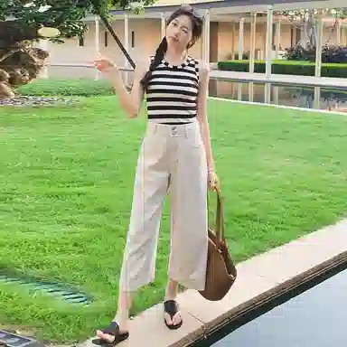 美洋  醋酸针织条纹圆领弹力背心 女款 黑白条