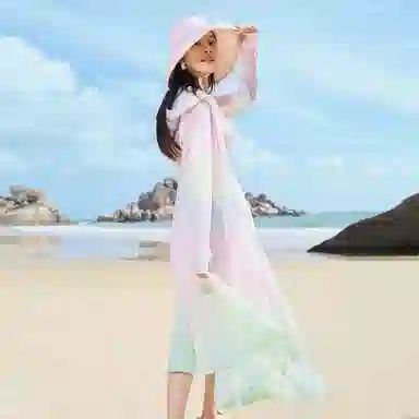 波司登 骄阳系列 薄荷曼波 晕染印花冰丝凉感亲肤透气防紫外线显瘦全包裹过膝连帽长款长裙防晒服 女款