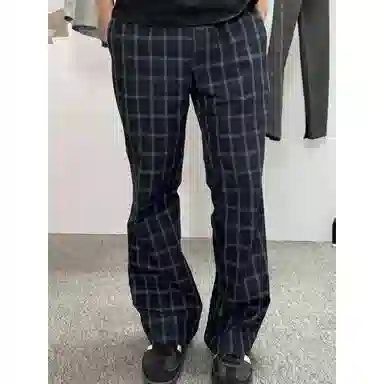 佑麟 美式复古格子裤子薄款微喇弯刀裤宽松直筒运动裤休闲裤 男女同款
