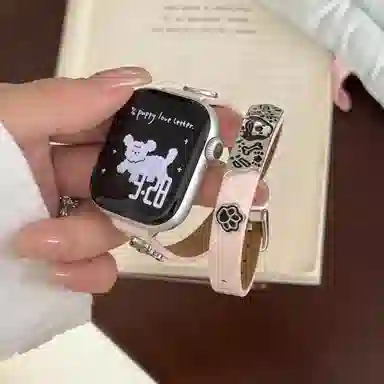 老佳 苹果适用 手表表带 牛皮材质 卡通小狗牛皮双圈表带男女通用