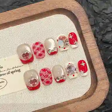凡泽 海派甜心甜美蝴蝶结格纹钻晶石猫眼  穿戴甲 短短梯红色跳色 法式