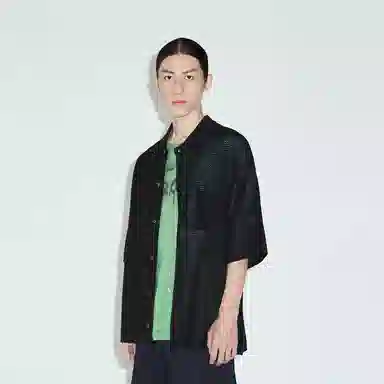 速写 条纹短款单排扣翻领短袖针织衫 男款