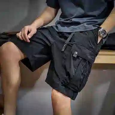 遨宇 美式潮牌机能宽松直筒中裤户外速干工装伞兵裤露营钓鱼纯色高级感松紧腰拼接透气弹力刺绣夏季休闲短裤 男女同款