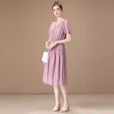 粉红玛琍 春 抽褶短袖连衣裙 收腰 女款 紫色