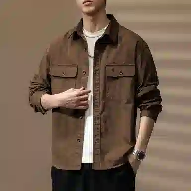 贵色 男士翻领百搭夹克纯棉休闲百搭衬衣外套美式简约痞帅明线工装重磅水洗咖色长袖衬衫 男女同款