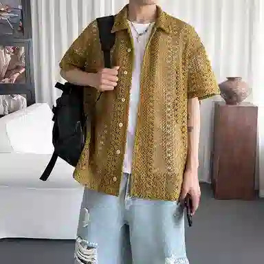 金盾 镂空棕绿翻领纯色短袖衬衫 男款