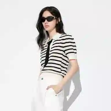 太平鸟 翻领条纹线套衫短款针织衫 女款