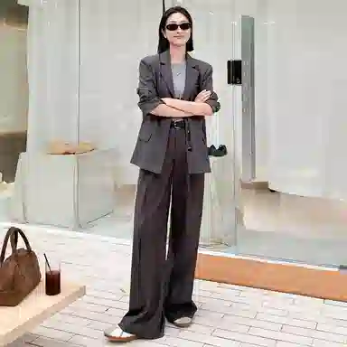 美洋 蝴蝶结 麻感花纱后开叉绑带通勤休闲西装 女