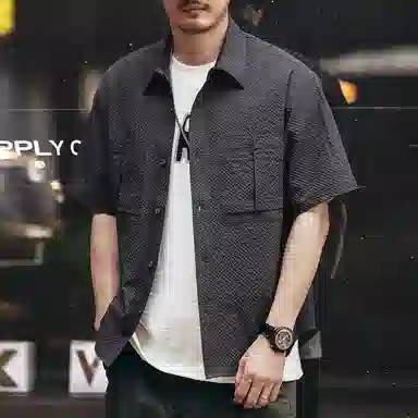 格蓝鹿 高级感潮速干透气牌冰丝纽扣落肩城市机能翻领纯色宽松短袖衬衫 男女同款 黑色