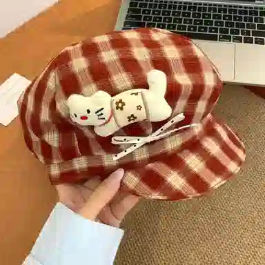 恩僾德 宅系小猫蝴蝶结格纹八角帽可爱显脸小高颜值甜美百搭帽子潮#好运 涤纶 贝雷帽 男女同款情侣款