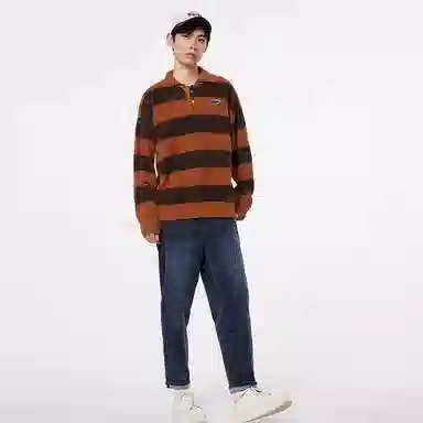 美特斯邦威 国潮条纹翻领针织长袖保暖上衣毛衣 男款