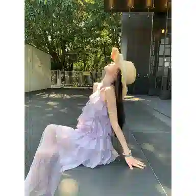 水中花 荷叶边网纱挂脖纯色长款无袖连衣裙 女款