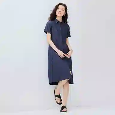 佐丹奴 收腰纯色翻领简约百搭短袖连衣裙 女款