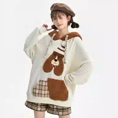 森女部落 潦草小狗闺蜜装连帽萌趣风拼贴套头可爱卫衣 女款