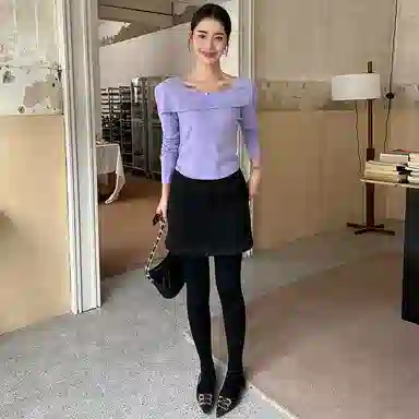 美洋 纯色方领短款修身长袖针织衫 女款