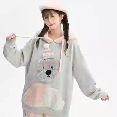 森女部落 潦草小狗闺蜜装连帽萌趣风拼贴套头可爱卫衣 女款