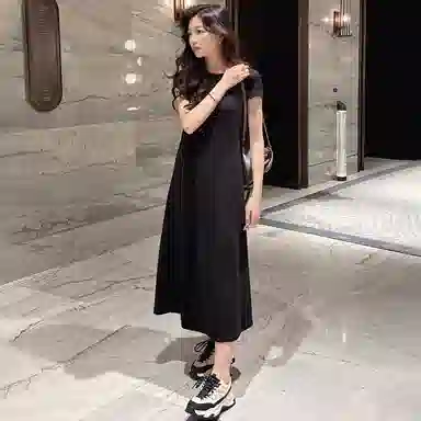美洋 巴黎足迹连衣裙 螺纹棉纱磨毛|金属收腰直筒黑色长裙短袖连衣裙 女款 黑色
