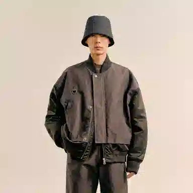 速写 短款拼接时尚舒适街头棒球领飞行员外套棉服 男款 蓝海松茶