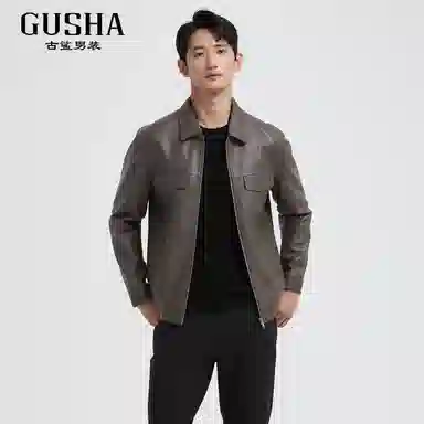 古鲨 工装风潮流翻领高级颗粒纹痞帅直筒外套皮衣 男款