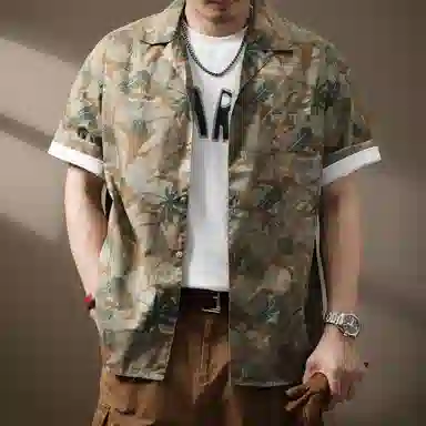 贵色 美式休闲百搭宽松短袖衬衫 男女同款 卡其