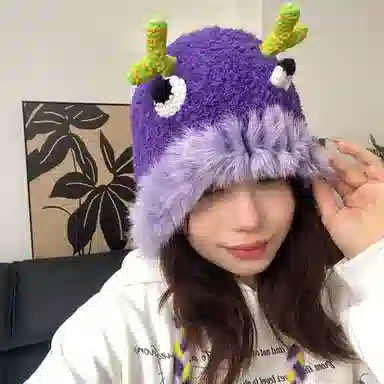 恩僾德 小怪兽帽子搞怪可爱针织毛绒帽显脸小加厚保暖护耳 聚酯纤维 绒线帽 男女同款情侣款