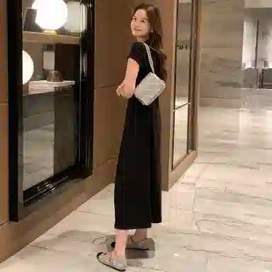 美洋 巴黎足迹连衣裙 螺纹棉纱磨毛|金属收腰直筒黑色长裙短袖连衣裙 女款 黑色