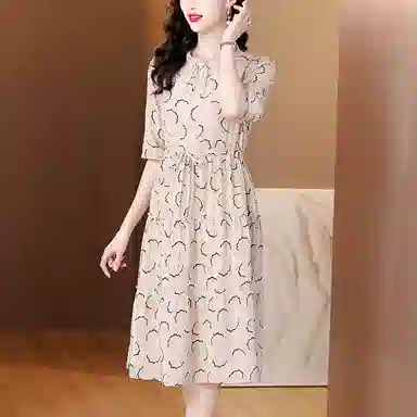 水中花 法式扇形圆领显瘦印花修身轻盈中长款系带短袖连衣裙 女款