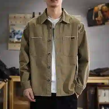 遨宇 美式复古重磅水洗长袖宽松大码翻领衬衣纯棉休闲户外套潮衬衫 男女同款