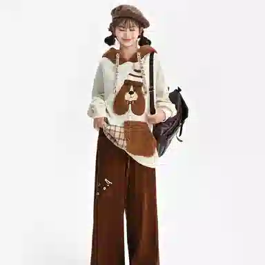 森女部落 潦草小狗闺蜜装连帽萌趣风拼贴套头可爱卫衣 女款