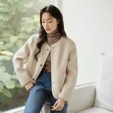 茵曼 皮毛一体仿羊羔绒外套颗粒绒织带保暖上衣绒感外套 女款