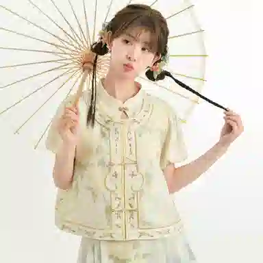 森女部落 原创新中式提花泡泡袖上衣衬衫 女款