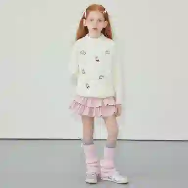 青蛙王子 时尚洋气圆领小兔子印花长袖毛衣 杏色 中小童