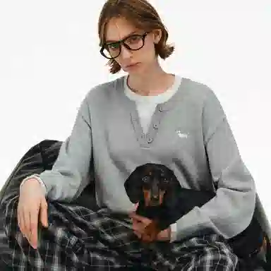 PCLP Two-in-One Henley Collar Embroidered Dog Knit Sweater