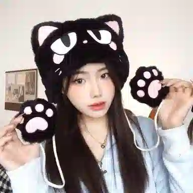 恩僾德 可爱猫耳朵毛绒绒加绒加厚保暖骑车 聚酯纤维 帽子 男女同款情侣款