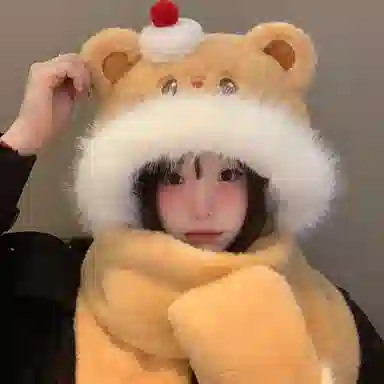 恩僾德 小熊爱吃蛋糕!三件套一体防寒保暖护耳可爱百搭显脸小 涤纶 斗篷帽 男女同款情侣款