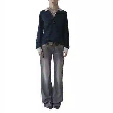 SCULPTOR Shirring Tennis Shirt NavyGreen Stripe POLO