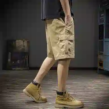 前进牛 美式休闲高街复古潮牌褶皱凉感简约绣标大口纯棉运动休闲中裤宽松直筒大码五分裤工装短裤 男女同款