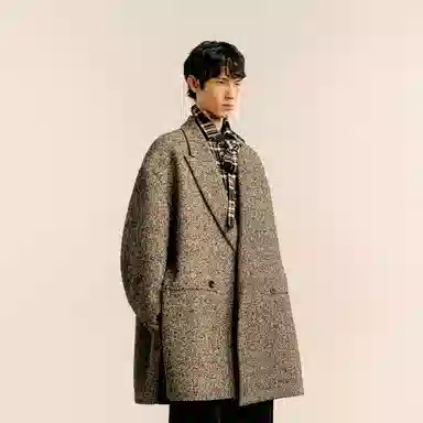 速写 毛呢戗驳领宽松长款大衣 男款 杂黑